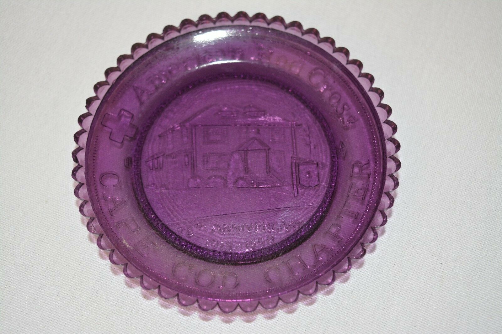 Vintage Pairpoint Glass Cup Plate "american Red Cross", 1990, Purple Cape Cod